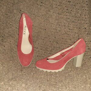 The FLEXX-Red Suede Uppers-Rubber Block Heel/Sole-Pumps-Sz 37/6-Near Mint